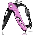 Pink Multitool Carabiner Knife, 6-in-1 Multi Tools with Window Breaker, Bottle Opener and Screwdriver, EDC Gear for Camping Hiking, Christmas Stocking Stuffers for Women Mom Wife