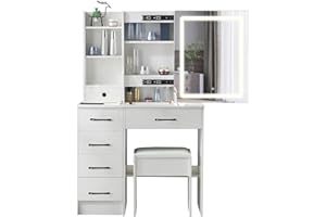 UMEIGA 5 Drawer Dressing Table, Vanity Table with Led Lights and Mirror, White Makeup Table Drawers Storage Unit Cosmetic Dresser Make Up Desk For Living Room, Bedroom Furniture