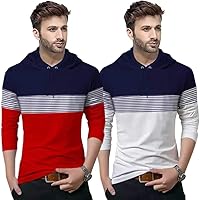 BLIVE Color Block, Striped Men Hooded Neck Full Sleeve T-Shirt Navy,White,Red (Pack of 2)