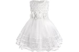 Discoball Girls Princess Dress Rose Flower Bow Tie Party Dresses Tulle Wedding Dresses Bridesmaid Christening Elegant Formal Dress for Girls (White)