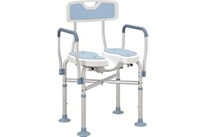 HOMCOM Tabouret de Douche avec siège rembourrée en U amélioré et accoudoirs, Chaise de Douche, Tabouret de Bain, Hauteur réglable 83-91,5 cm, Cadre en Aluminium et Pieds antidérapants, Bleu