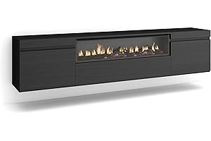Skraut Home | Mueble TV | Televisión | Muebles de salón, almacenaje | 200x45x35cm | para TV hasta 80" | Chimenea eléctrica | Colgado, Suspendido | Estilo Moderno | Negro