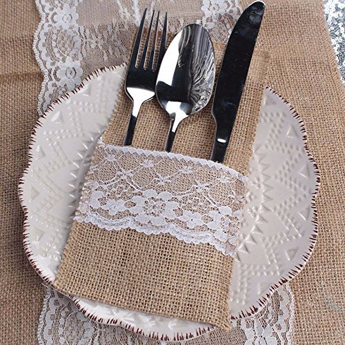 YunNasi 50 Stück Leinwand Spitzehoch Gabel Löffel Besteck Aufbewahrungstasche Inhaber für Hochzeit Fest Geburtstag - 2