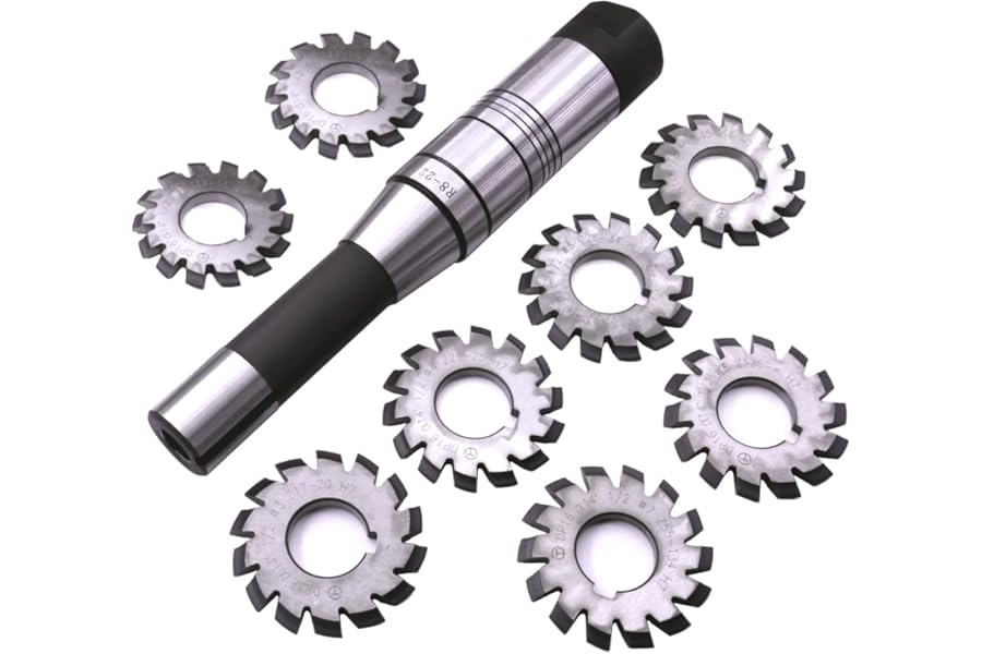EVNSIX Dp16 PA14-1/2 Bore22 No. 1-8 Involute Gear Cutters+ 7/16 Inch 22mm R8 Shank Milling Arbor Gear Mill Cutter Holder Machine