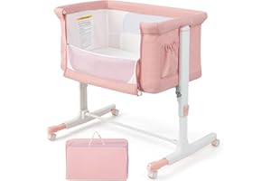 COSTWAY 3-in-1 Baby Bedside Crib, Easy Folding Cot Bed with Mattress, Breathable Mesh Window, Lockable Wheels and Travel Bag, Height Adjustable Newborn Sleeper for Birth to 9kg (Pink)