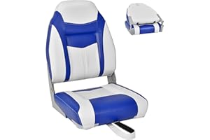 HOMASIS Siège de bateau pliable avec dossier haut rembourré, étanche avec sangle de fixation, 44,5 x 50 x 60 cm, bleu et blanc