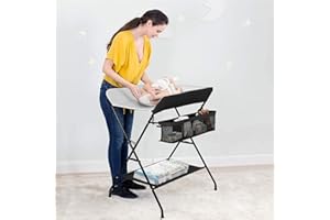 THINFAR Table à langer pliante, table à langer avec panier de rangement, ceinture de sécurité, réglable en hauteur 79 * 55.5 * 96cm (B/Noir et blanc)