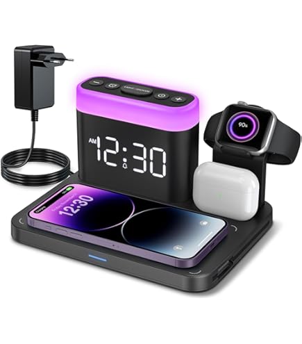COLSUR 5-in-1 laadstation voor Apple Watch iPhone Airpods, 15W snelle draadloze oplader voor iPhone 17/16/15/14/13, bedlampje met oplaadfunctie, wekker met laadstation-Wit