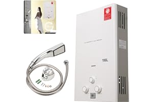 Calentador de agua de gas 16 L 32 KW, ECUTEE LPG, calentador de agua instantáneo sin depósito, con cabezal de ducha galvanizado y manguera de ducha para casa, autocaravana, camping, color blanco