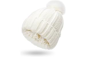 CAMELLIASS Women Knitted Beanie with Satin Lining Pom Pom Winter Warm Cap Bobble Hat