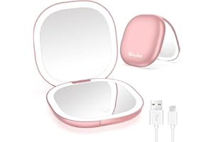 wobsion Miroir de Voyage avec Lumière LED, Rechargeable 1x/10x Miroir Grossissant Compact de Poche, Miroir Double à Main avec Lumière pour Sac à Main, Sac à Main-Or Rose