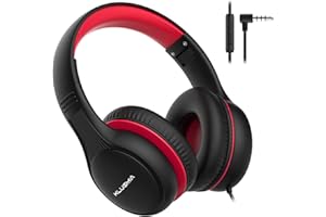 KLUGMIA Wired Kids Headphones, 85dB/94dB Volume Limited, Over Ear Headphones for Kids with in-line HD Mic, Audio Sharing, Foldable Kids Headphones Wired (black red)