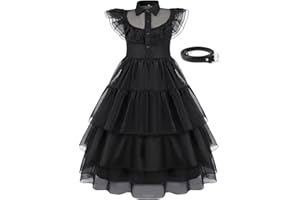 Febbabe Princess Costume Black Mesh Dress Adult Kids Gothic Cosplay Outfit with Belt Women Girls Family Fancy Dress Up Halloween Carnival Party Decorations