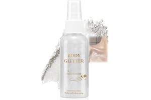 MIKLOVEN Body Glitter Spray for Women, Shimmer Mist for Hair, Face & Clothes, Quick-Dry Non-Sticky Body Oil Spray, Waterproof Shimmer Mist，Long-Lasting Radiant Glow for Party Makeup，80ml (Silver)