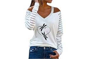 AMhomely Women Shirts and Blouse Sale Clearance Party Elegant Ladies V-Neck Long Sleeve T-Shirt Autumn Printing Cold Shoulder Loose Blouse Tops Tunic Shirts Tops Office UK Size, Black, XXL