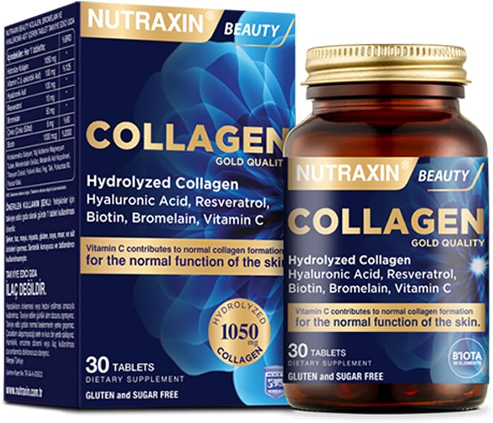 Nutraxin Collagen Gold Quality Tablet – Hidrolize Kolajen, C Vitamini, Hyaluronik Asit, Biotin, Çinko ve Resveratrol – 30 Tablet
