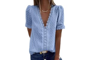 Coloody Femme Tee Shirt Dentelle Col en V, Manches Courtes Loisirs D'été Tunique en Jacquard en Dentelle Blouse Amples Caraco en Dentelle Tops Chemisiers à La Mode