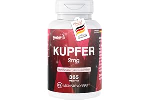 Koppar 2mg - 365 tabletter - Kopparbisglycinat - Hög dos - 100% vegansk - Tysk produktion och laboratorietester - NutriFair