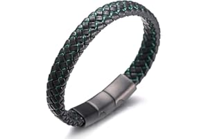 HALUKAKAH ● Jazz Júnior ● Niños Cuero Genuino Trenza Hecha a Mano Negro Mezcla Azul/Rojo/Verde Pulsera 6-12 años. Titanio Cierre Esmerilado Magnético Tamaño Ajustable 18-19.5cm con Caja de Regalo