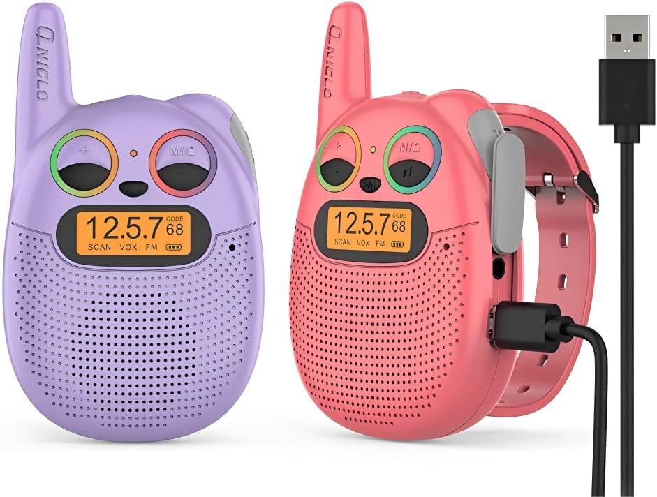 QNIGLO Q136 Walkie Talkie Niños Recargable USB,Radio FM 4Km Alcance 10 Tonos de Llamada,Montar en Bicicleta Acampar Correr,Cumpleaños Regalos para Chicas Chicos,Chulo Walkie con Radio (RojoVioleta)