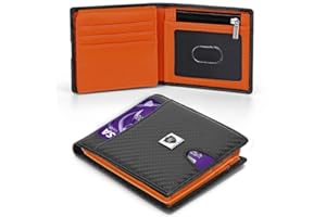 LIVLOKO London RFID Wallet for Men, Slim Carbon Fibre Wallet with Coin Pocket, Anti-Theft Card Holder, Ideal Birthday Gift for Dad, Boyfriend, Secure & Stylish Black & Orange Design