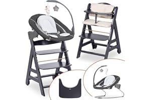 hauck Seggiolone Beta Plus Deluxe - Seggiolone Evolutivo in Legno con Sdraietta e Dondolo per Neonati, Sediolone Pappa, Sicurezza Massima con Cintura a 5 Punti, Regolabile per Tavoli Standard -
