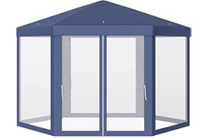‎OUTSUNNY Outsunny Pavillon Gartenpavillon mit Moskitonetz Partyzelt Gartenzelt Festzelt Zelt 6-eckig Polyester+Metall Blau 394x341,2x250cm