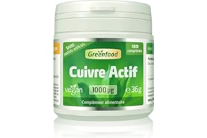 Greenfood Cuivre Actif, 1000 μg, dose élevée, 180 comprimés - Pour un métabolisme énergétique normal, Sans additifs artificiels. Sans génie génétique. Vegan.
