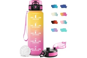 JAPORIA Botella de Agua Gimnasio 1L Cantimplora con Filtro, Fácil de Abrir, Reutilizable, Botella Agua Motivadora y Prueba de Fugas, Cantimplora para Niños, Adulto, Escuela, Bicicleta, Senderismo, Yoga