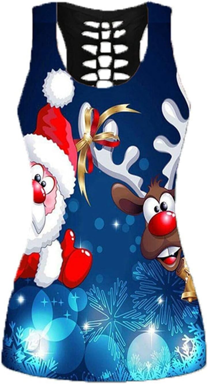Womens Sleeveless Christmas Santa Claus Reindeer Snowflake Xmas Holiday Vests Tunic Tops T Shirts
