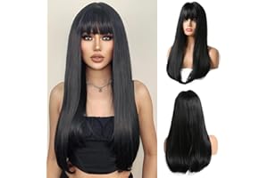 ‎ESMEE Esmee Lange Gerade Schwarze Perücken für Frauen Natuaral Synthetisch Geschichtetes Haar Brünette Perücke mit Fransen für Tägliche Party Cosplay Verwendung-26 Zoll