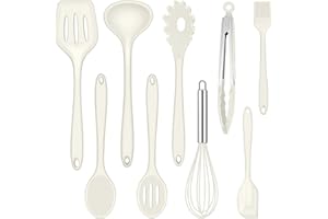 Joyfair Lot de 9 ustensiles de cuisine en silicone résistant à la chaleur avec spatule, fouet, pince à barbecue, antiadhésifs pour la cuisine et la pâtisserie - Blanc