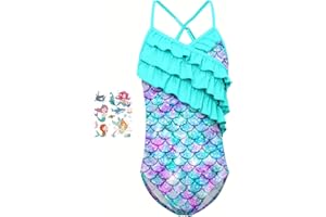 YYDSXK Einteiliger Badeanzug Mädchen, Meerjungfrau Badeanzug mit Meerjungfrau Tattoo Kinder, Schnell Trockener Strand Badeanzug, Rüschen Bikini Badeanzug, Schwimmanzug mit Verstellbaren Schultergurten