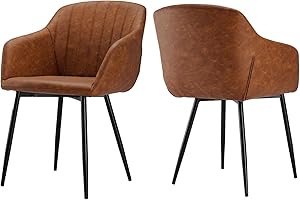 Goeurvant Lot de 2 Chaises Simili Cuir Marron Salle à Manger avec Accoudoirs, Fauteuil Chaise de Cuisine, Chaise de Salon Rembourrés et Pieds en Métal