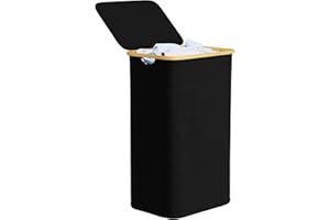 SpaceAid Cesto Portabiancheria con Coperchio, 110 Litri - Portabiancheria Sporca con Manici in Bambù, Grande Cesto Biancheria Sporca Piegevole per Camera, Bagno, Dormitorio e Lavanderia - Nero