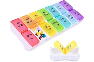 Januts Weekly Pill Box Organiser Portable Pill Storage Box Travel Pill Boxes 7 Day 2 Times a Day with 14 Compartments 7 Colorful Removable Tablet Organiser for Vitamins Supplements
