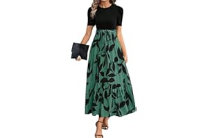 MOKBAY Damen Kleid Blumenmuster Rundhals Taillenschnürung Maxikleider Sommer Lockeres Boho-Kleid Schöne Kurzarm Sommerkleider