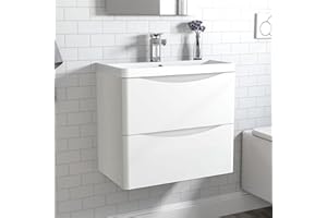 Acezanble 600mm Bathroom Vanity Unit with Basin Gloss White Cloakroom Sink Unit Wall Hung Two Drawers