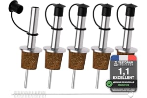 Incutex 5x becs verseurs pour bouteilles et 1x brosse de nettoyage, bec verseur en liège avec fermeture en capuchon en caoutchouc, bouchon d'huile, bec verseur pour spiritueux, vin, liqueur, vinaigre.