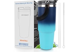 MYFOREST MYFREOST Kubek termiczny ze słomką, kubek do kawy na wynos, podwójne ścianki ze stali nierdzewnej, próżniowy kubek termiczny z uchwytem, kubek samochodowy z pokrywką 2 w 1, 0,85 l