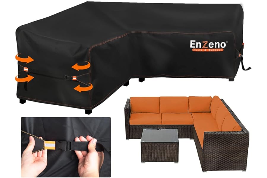 Enzeno Garden V-Shape Furniture Cover Waterproof,420D Heavy Duty Oxford Fabric Outdoor Rattan Corner Sofa Cover with Waterproof Tape (215 * 215 * 87cm)