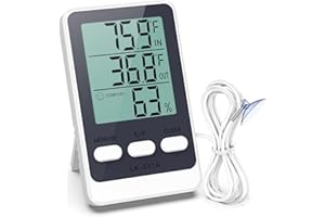 ORIA Termómetro para Refrigerador, Monitor de Temperatura, Medidor de Humedad con Sonda Impermeable, Función Mín/Máx, 3 Opciones de Montaje para Frigorífico, Congelador, Acuario