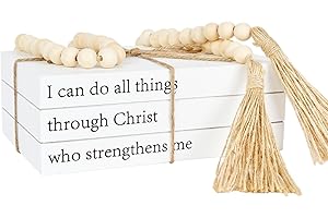 OMISHE Decorative Books for Home Decor, White Faux Books for Decoration, Rustic Farmhouse Stacked Display Books with 52in Wood Bead Garland for Coffee Tables Living Room (I can do All Things Through Christ)