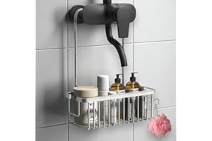 BATHLENOBE Cesta de ducha colgante sin taladro, cesta de ducha acero inoxidable color Negro, organizador baño, jabonera, soporte champú,cesta colgante color (plata) (plata)
