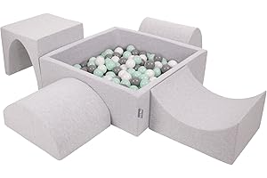 KiddyMoon Spielplatz Aus Schaumstoff Mit Quadrat Bällebad (200 Bälle) Ballgruben Für Babys Spielbad Hindernisläufen, Hergestellt In EU, Hellgrau:Weiß/Grau/Minze