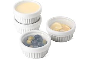 LE TAUCI Ramequins avec Couvercles en Silicone, 4 X 120 ml Ramequins Creme Brulee en Céramique Résistants au Four, Ramequins Empilables pour la Cuisson, la Trempette, le Dessert, Lot de 4, Blanc
