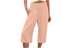 KUIH 3/4 Shorts for Women UK Summer Comfy Cotton Linen Shorts Wide Leg High Waist Straight Shorts with Pockets Hiking Outgoing Shorts Trousers Breathe Beach Shorts UK Size 8-18
