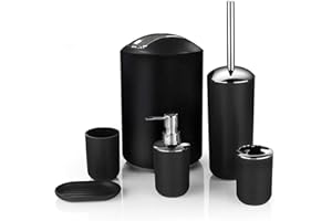 Icegrey Modern Design 6-teiliges Luxus-Badezimmerzubehör-Set Lotionflaschen, Zahnbürstenhalter, Zahnbecher, Seifenschale, Toilettenbürste, Mülleimer, Schwarz