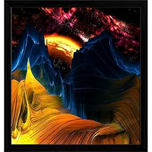 Pitaara Box Alien Mountains With Space & A Red Yellow Planet Canvas Painting Frame (15 Inch x 15.9 Inch _Black)