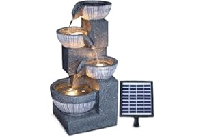 GEEZY Solar Water Features for the Garden – Outdoor 4 Tier Bowl Fountain with LED Lights – Solar Powered, Self-Contained – Easy Setup, Relaxing & Cascading – Ideal for Garden, Patio & Balcony Decor